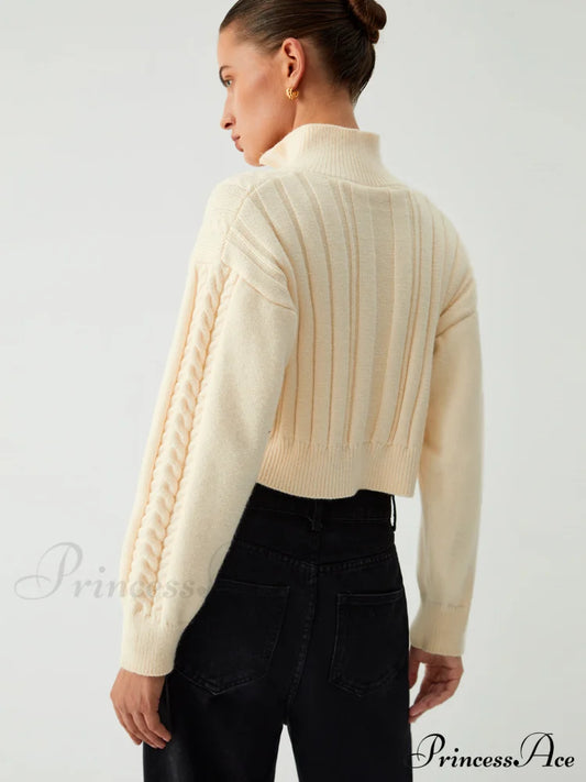 Cable Knit Two Trendy Way Zip Crop Cardigan Sweaters-L