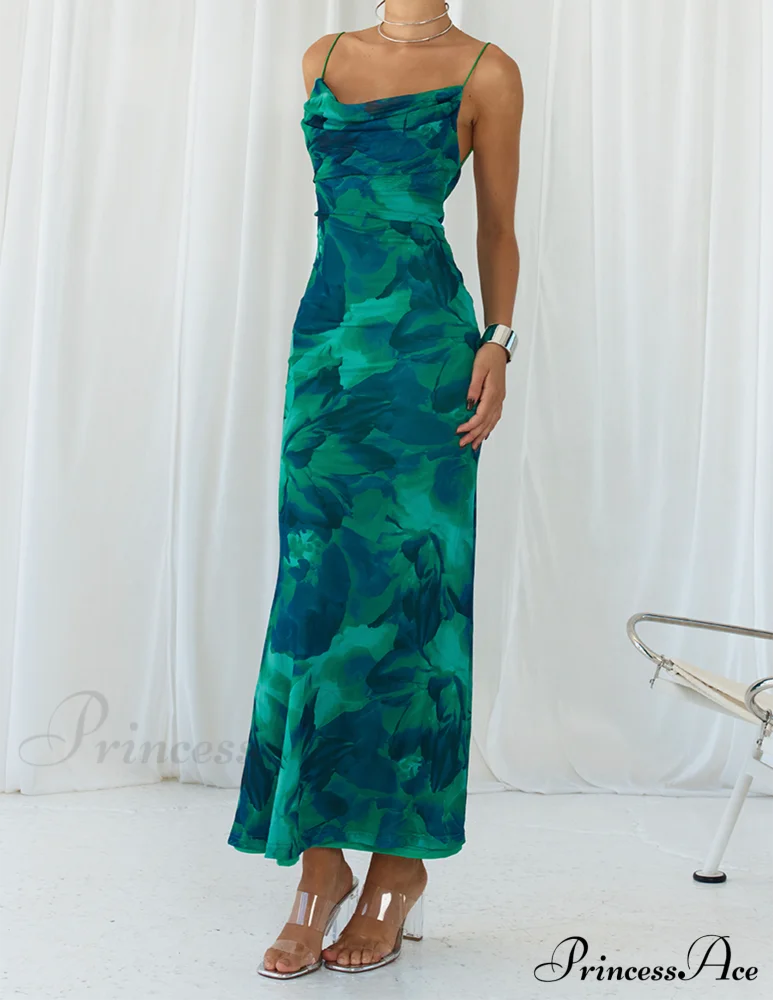 Calista Green Bloom Cowl Graceful Neck Slip Maxi Dress / S Dresses