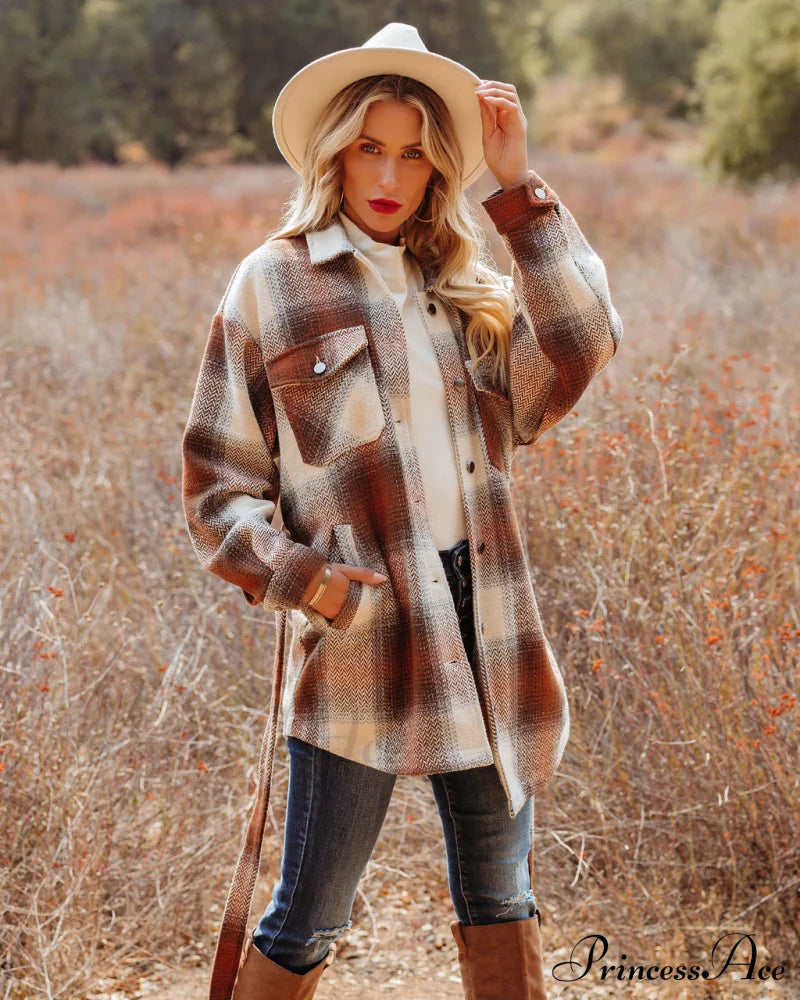 Camel Pike Pocketed Belted Plaid Shacket Coats-L