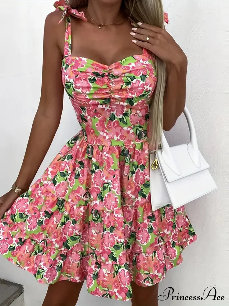 Cami Ruffle Spaghetti Design Gown Flowered With Hem Straps L / Rose Floral Mini A Line Dress