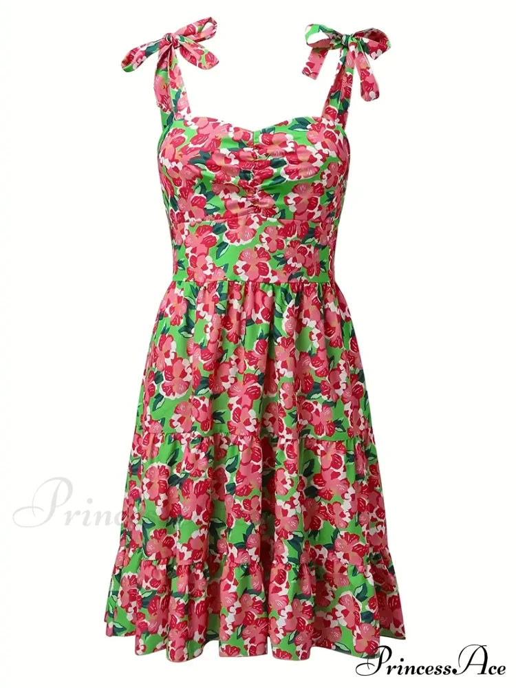 Cami Ruffle Spaghetti Design Gown Flowered With Hem Straps M / Rose Floral Mini A Line Dress