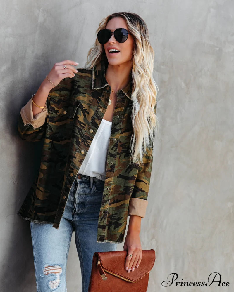 Camo Cotton Rock & Roll Frayed Utility Jacket Coats-L