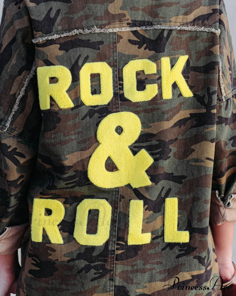 Camo Cotton Rock & Roll Frayed Utility Jacket Coats-L