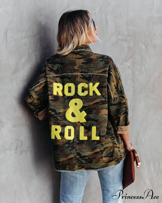 Camo Cotton Rock & Roll Frayed Utility Jacket Coats-L