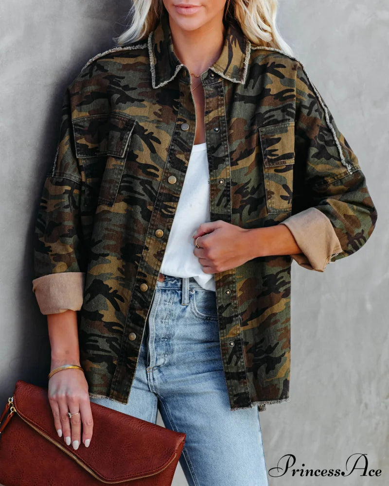 Camo Cotton Rock & Roll Frayed Utility Jacket Coats-L