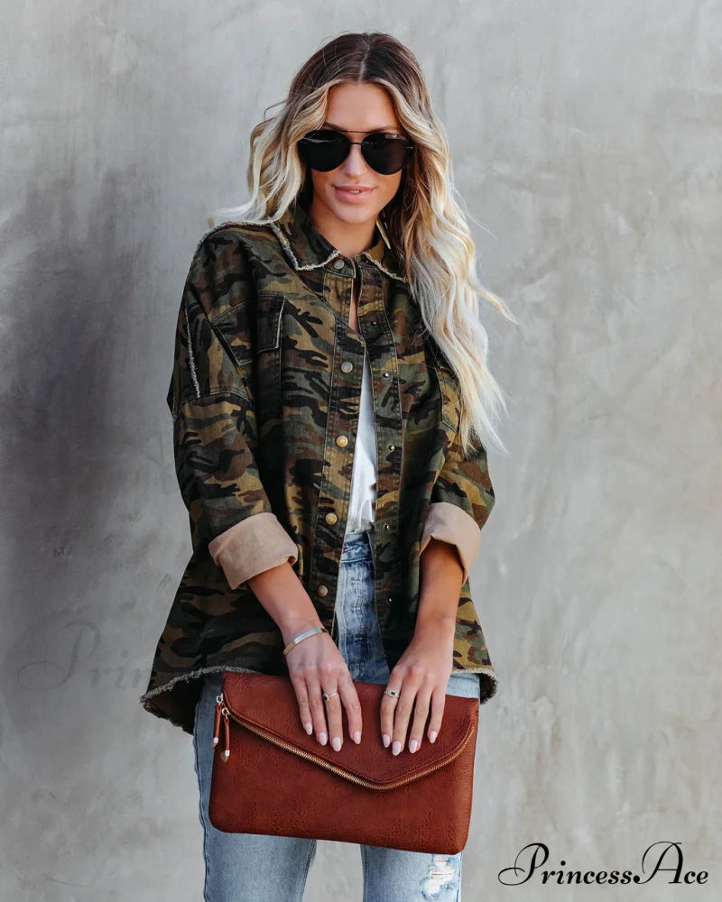 Camo Cotton Rock & Roll Frayed Utility Jacket Coats-L