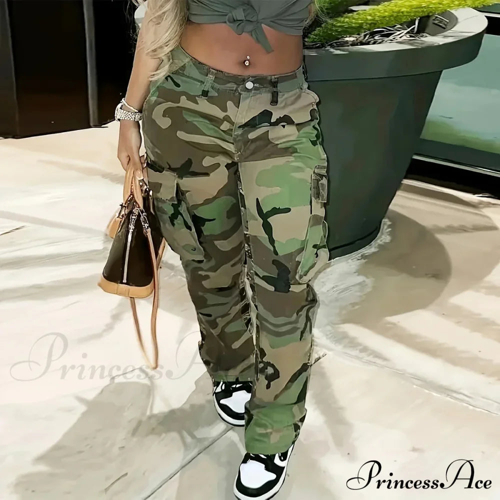 Camo Print Side Flap Pocket Cargo Loose Fit Stretchy Y2K Kpop Denim Women’s & Clothing Jean Army