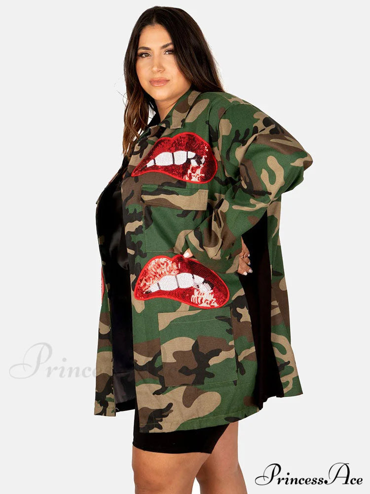 Camo Ripped Graceful Tassels Flared Jeans Coats-L