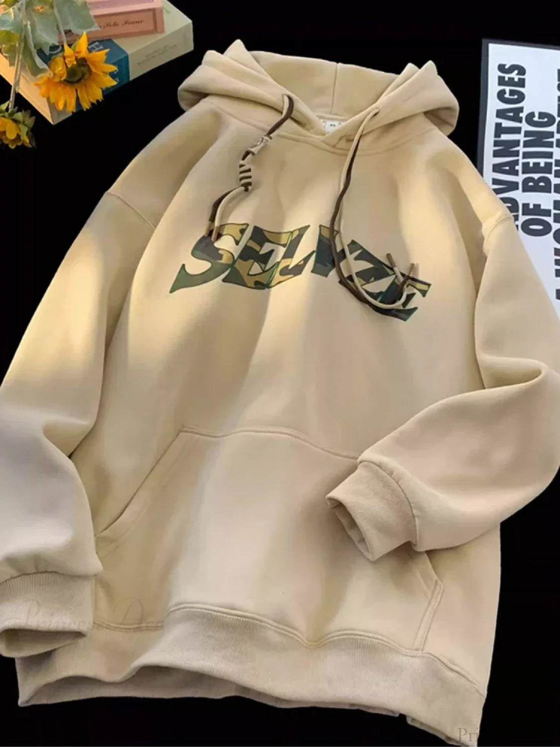 Camouflage Letter Print Punk Y2K Hoodie Apricot / M(40-45KG)