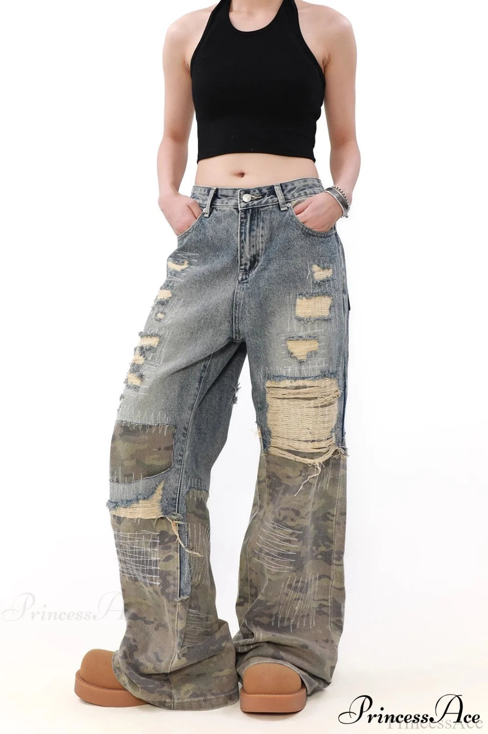 Camouflage Patchwork Distressed Wide Jeans Blue / M