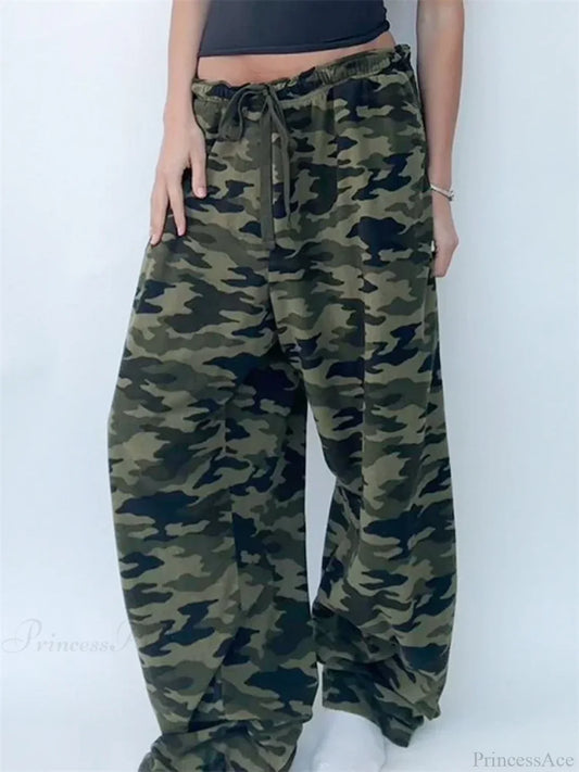 Camouflage Print Elastic Low Waist Wide Leg Pant GREEN / S pant-250223
