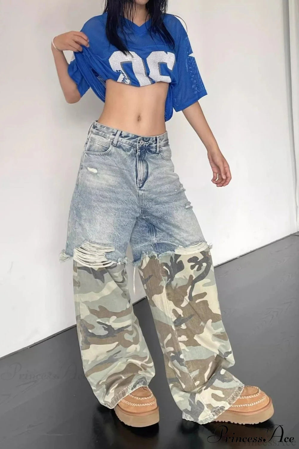 Camouflage Print Patchwork Loose Fit Streetwear Jeans