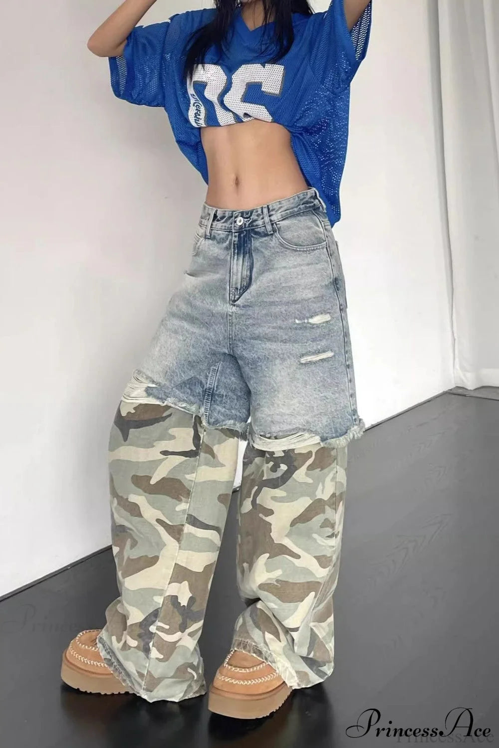 Camouflage Print Patchwork Loose Fit Streetwear Jeans Blue / S