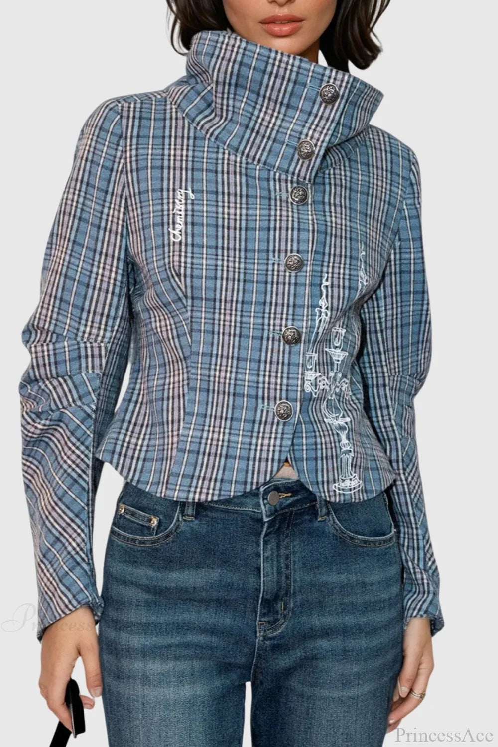 Candlestick Print Plaid Ruched Stand Collar Coat Blue / S