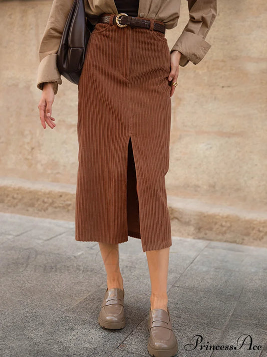 Caramel Corduroy Graceful Slit Midi Skirt Skirts