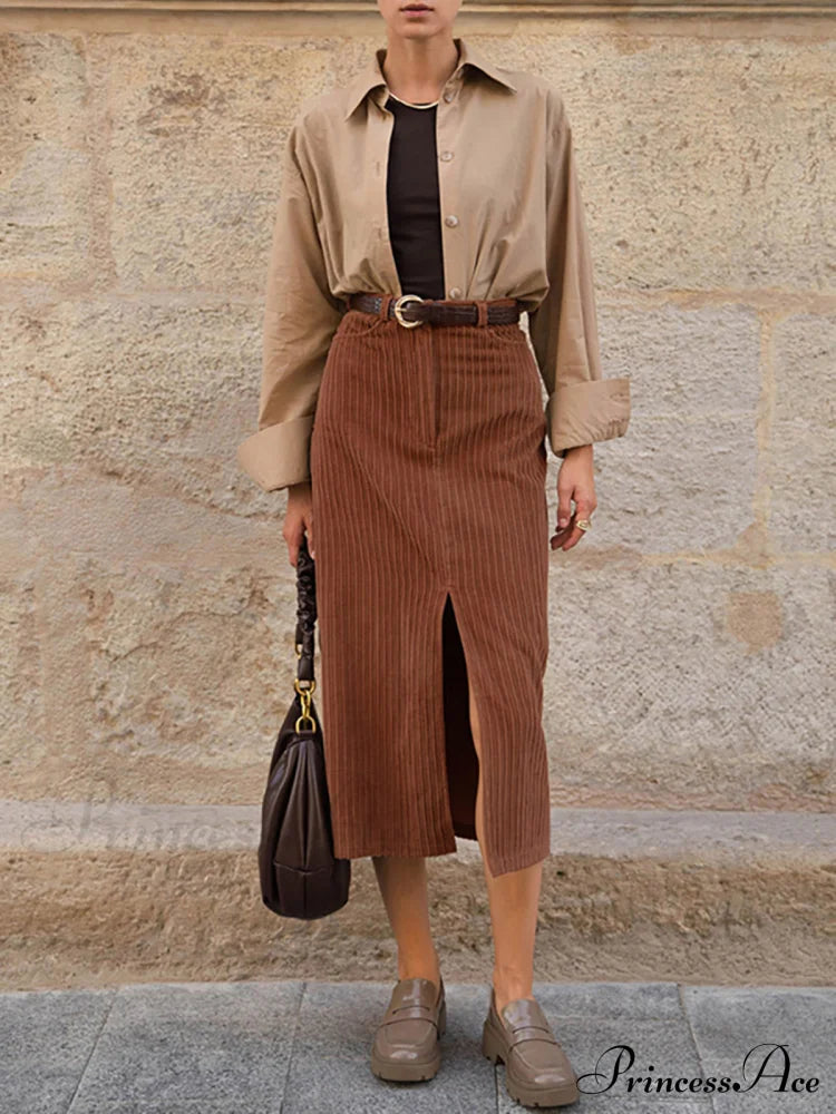 Caramel Corduroy Graceful Slit Midi Skirt Skirts