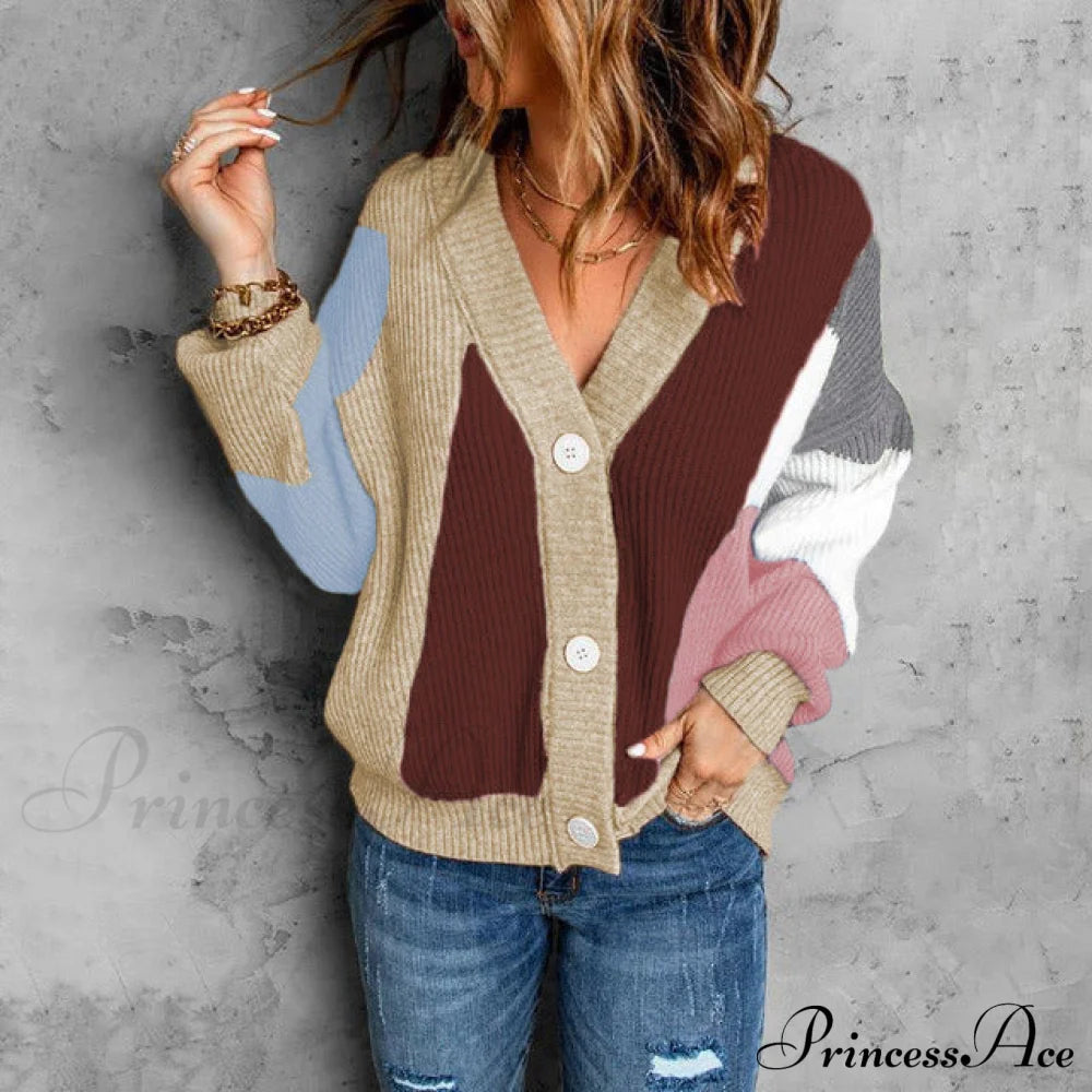 Contrast Color Knitted Cardigan Apricot best Best Sellings cardigan cardigans clothes Sale tops Topseller