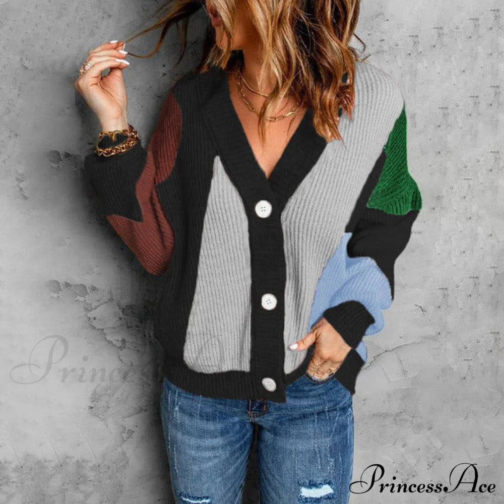 Contrast Color Knitted Cardigan Black best Best Sellings cardigan cardigans clothes Sale tops Topseller