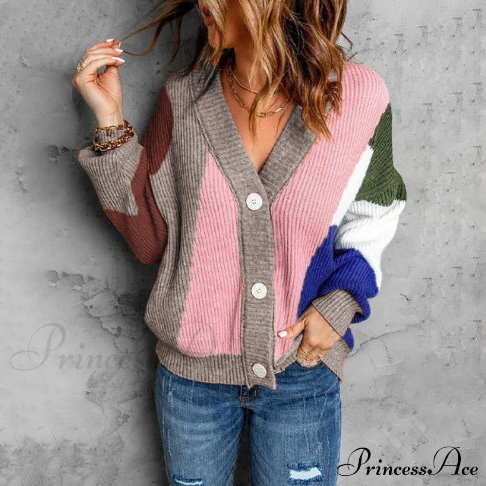 Contrast Color Knitted Cardigan Pink best Best Sellings cardigan cardigans clothes Sale tops Topseller