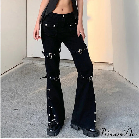 Cargo Flared Wide Leg Streetwear Jeans Black / S