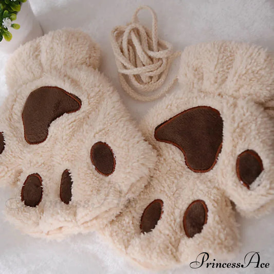 Cartoon Cat Girl Fluffy Bear Paw Winter Half Finger Christmas Gloves Beige / One Size Gloves-L