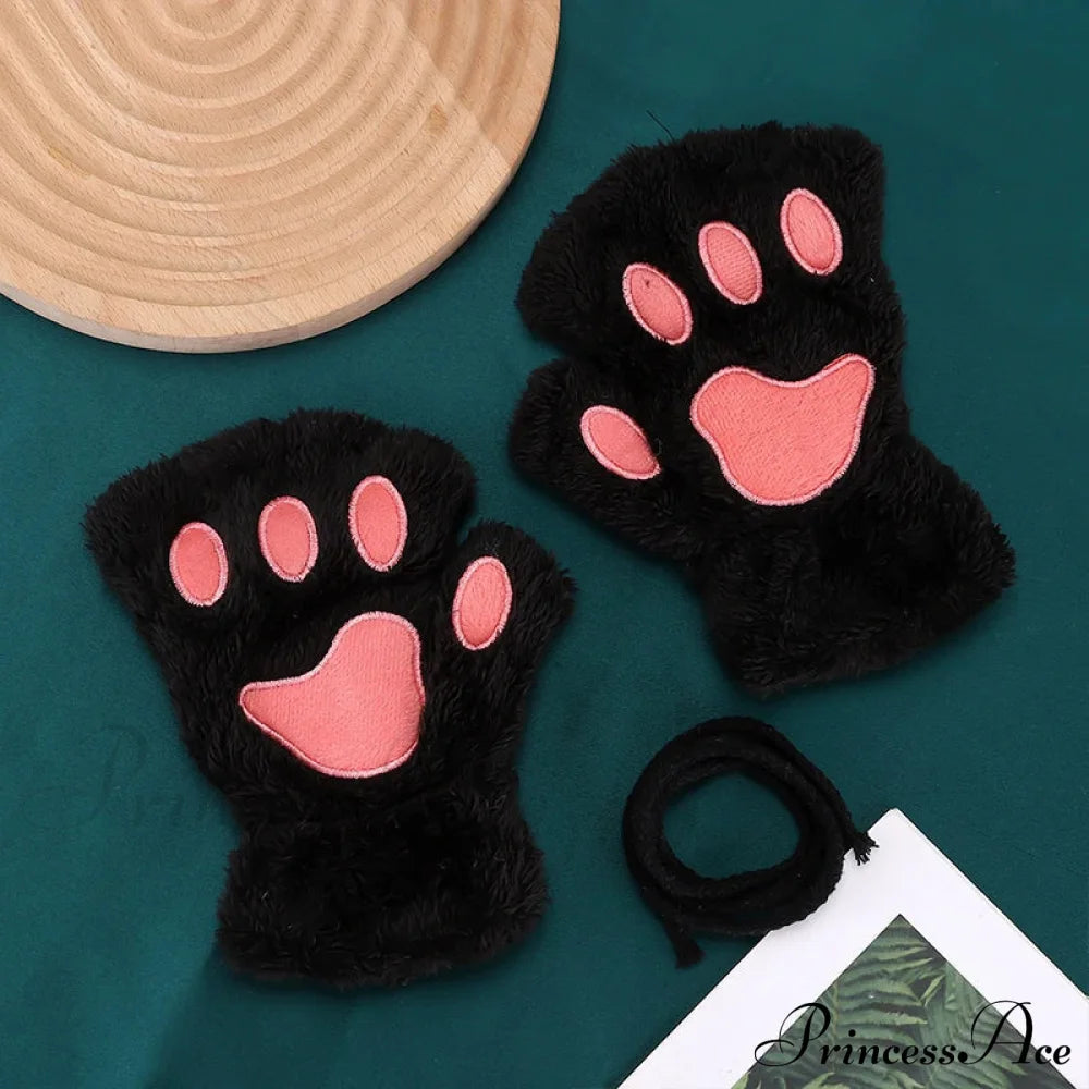 Cartoon Cat Girl Fluffy Bear Paw Winter Half Finger Christmas Gloves Black / One Size Gloves-L