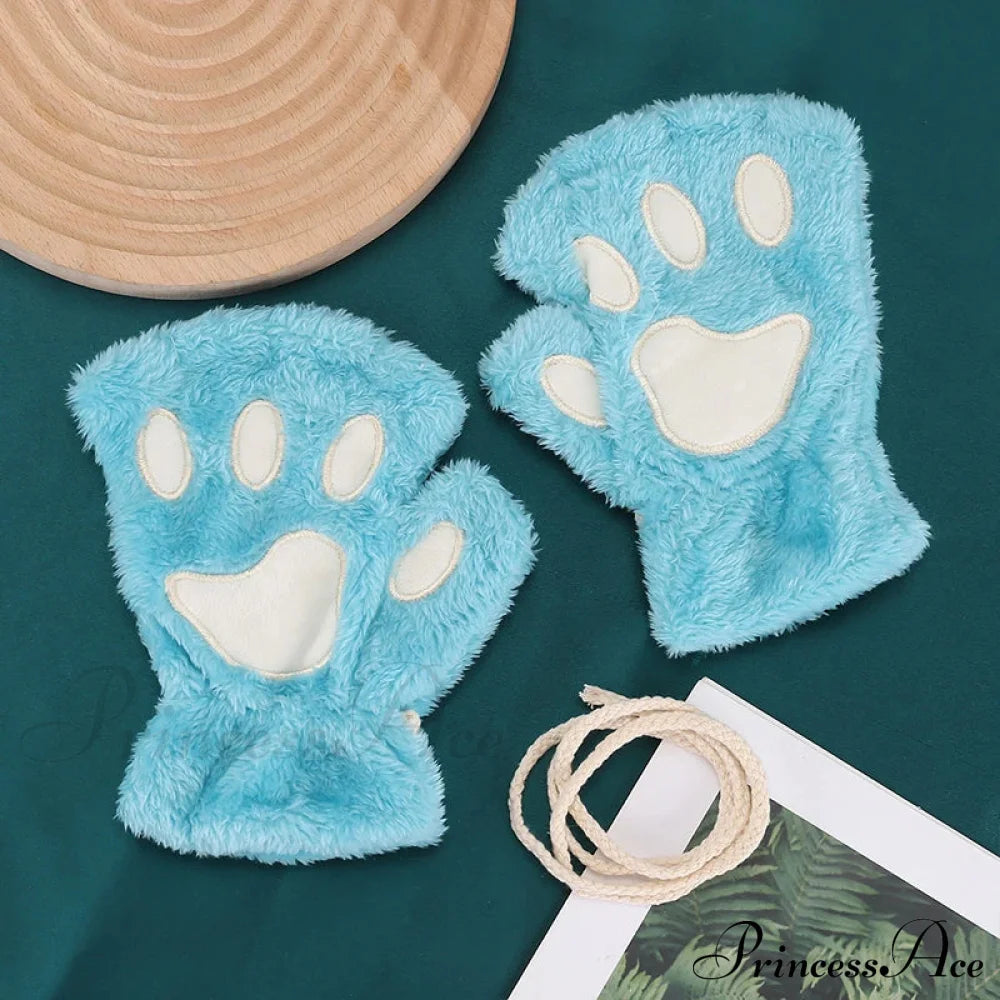 Cartoon Cat Girl Fluffy Bear Paw Winter Half Finger Christmas Gloves Blue / One Size Gloves-L