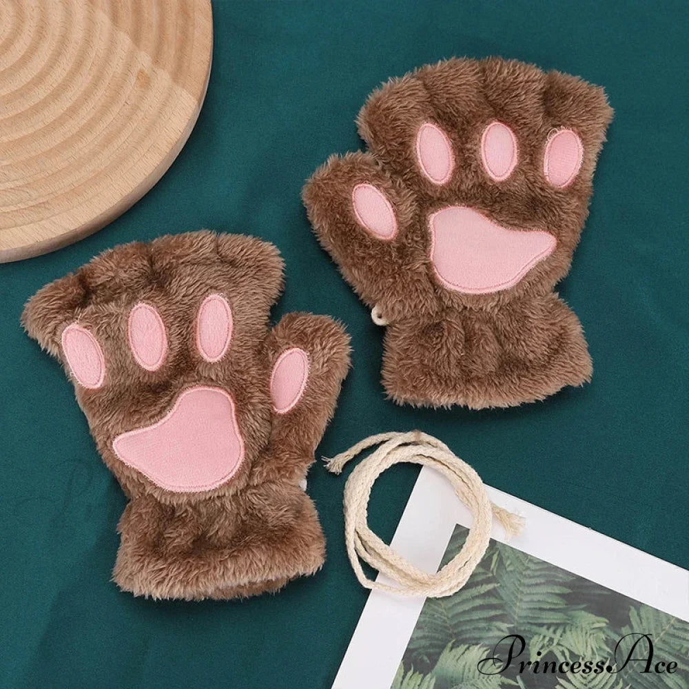 Cartoon Cat Girl Fluffy Bear Paw Winter Half Finger Christmas Gloves Brown / One Size Gloves-L