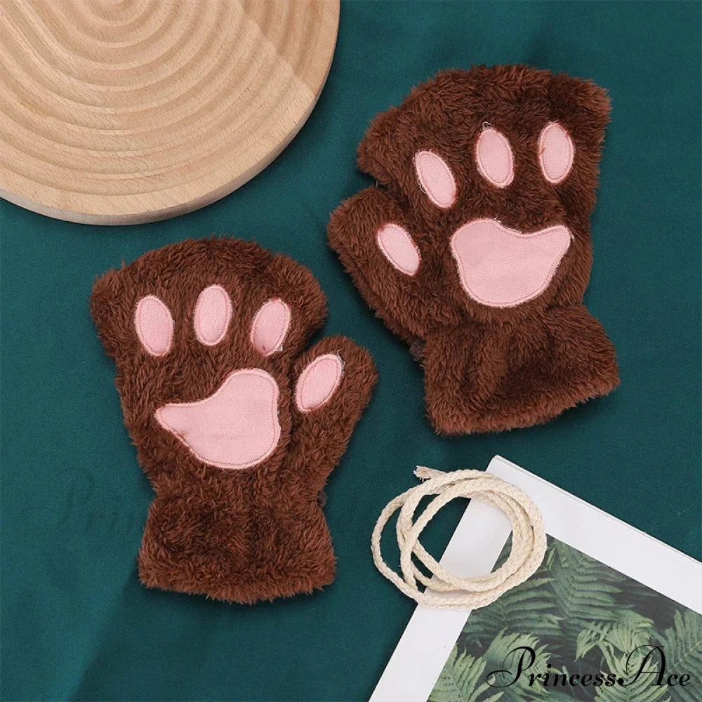 Cartoon Cat Girl Fluffy Bear Paw Winter Half Finger Christmas Gloves Claret / One Size Gloves-L