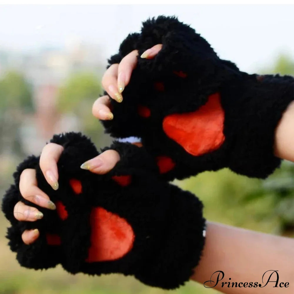 Cartoon Cat Girl Fluffy Bear Paw Winter Half Finger Christmas Gloves Gloves-L