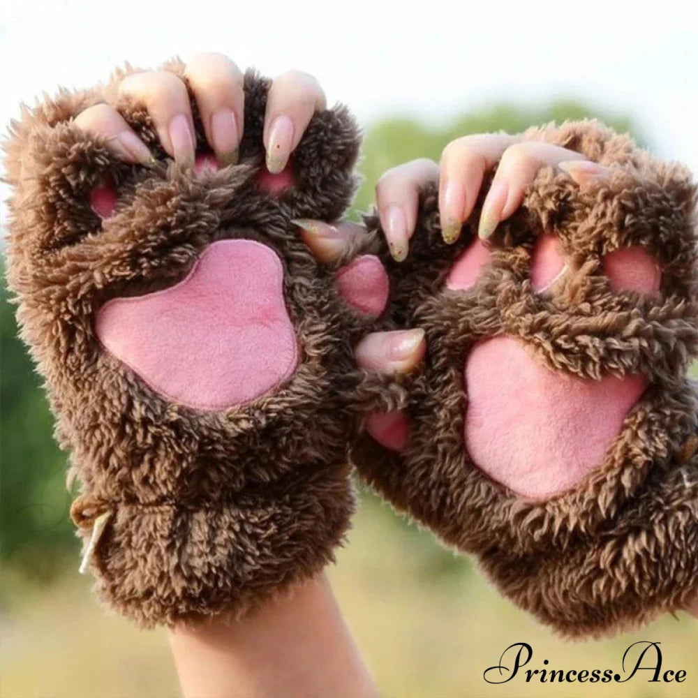 Cartoon Cat Girl Fluffy Bear Paw Winter Half Finger Christmas Gloves Gloves-L