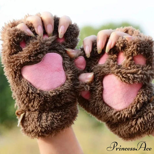 Cartoon Cat Girl Fluffy Bear Paw Winter Half Finger Christmas Gloves Gloves-L