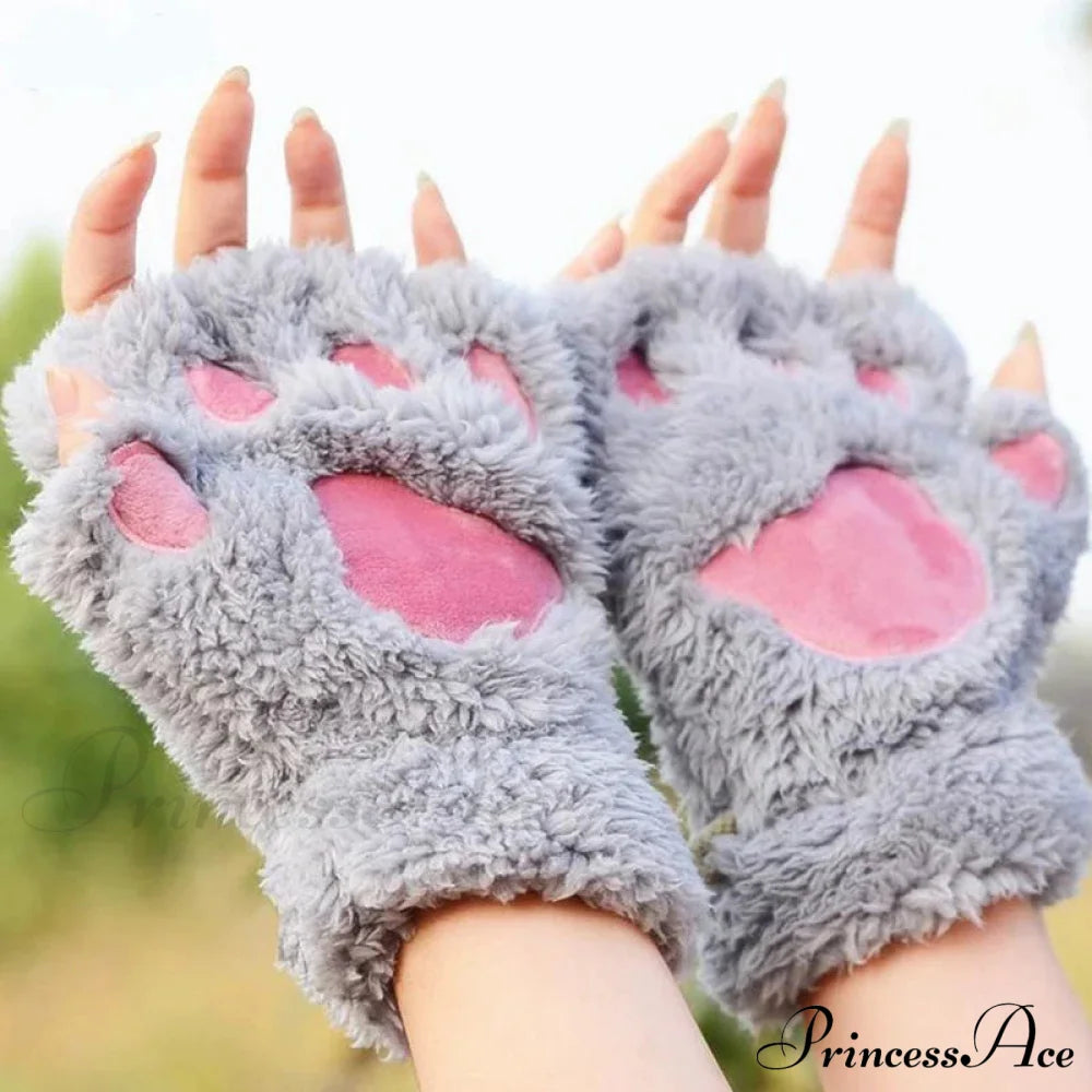 Cartoon Cat Girl Fluffy Bear Paw Winter Half Finger Christmas Gloves Gloves-L