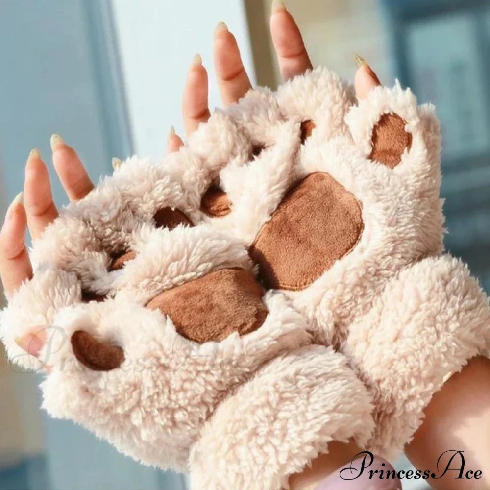 Cartoon Cat Girl Fluffy Bear Paw Winter Half Finger Christmas Gloves Gloves-L