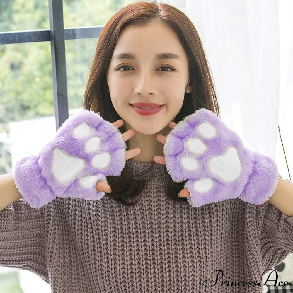 Cartoon Cat Girl Fluffy Bear Paw Winter Half Finger Christmas Gloves Navy Blue / One Size Gloves-L