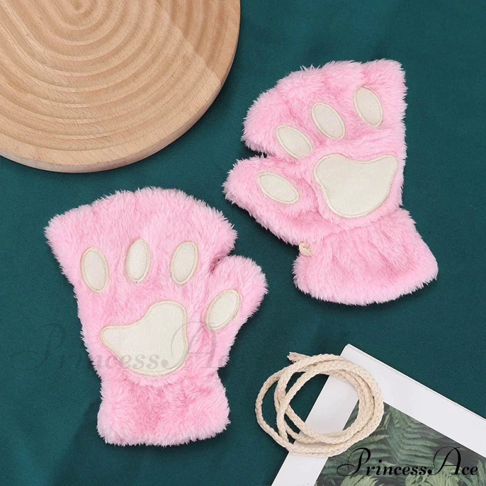 Cartoon Cat Girl Fluffy Bear Paw Winter Half Finger Christmas Gloves Pink / One Size Gloves-L