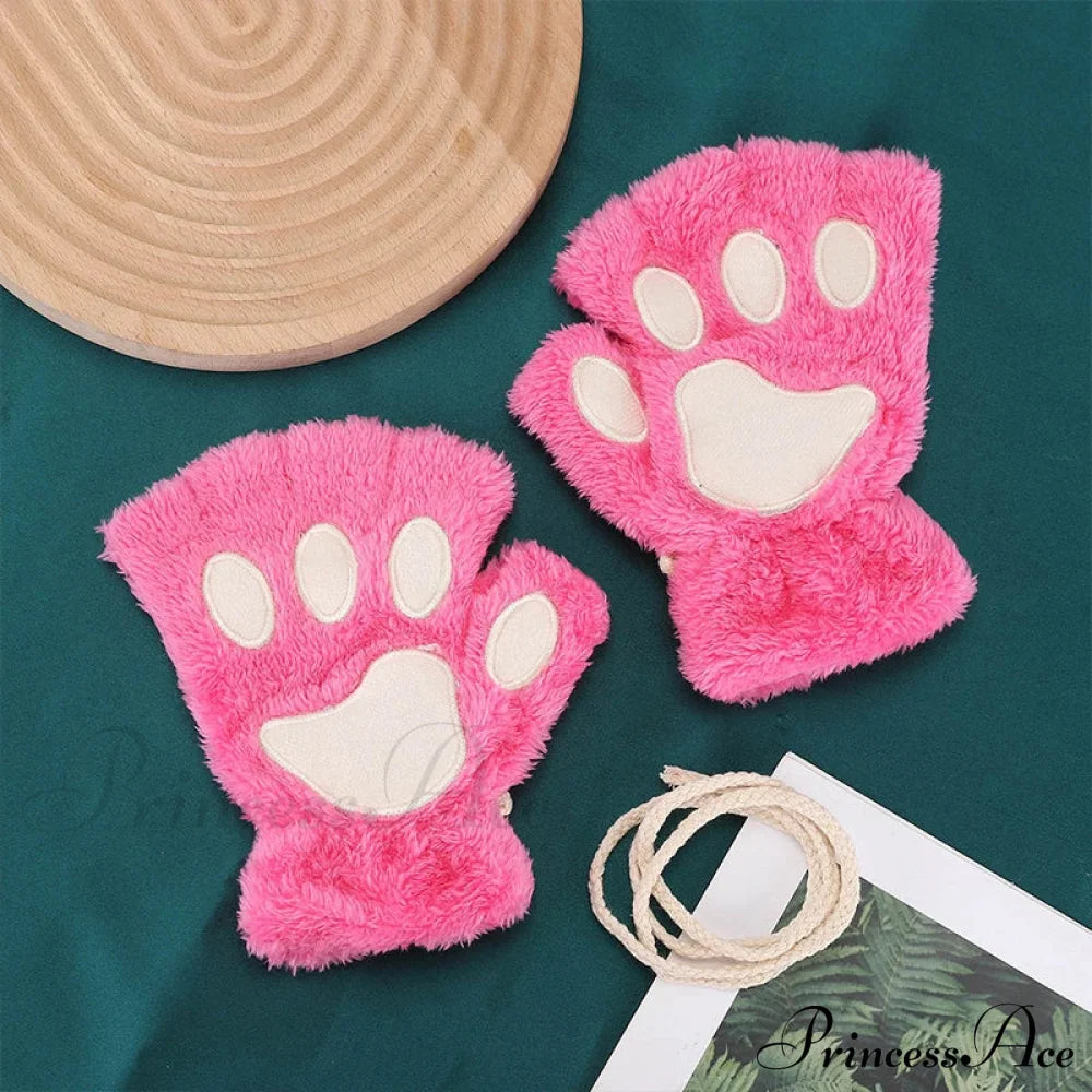 Cartoon Cat Girl Fluffy Bear Paw Winter Half Finger Christmas Gloves Rose Red / One Size Gloves-L