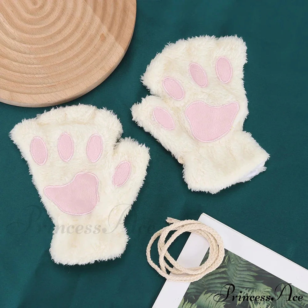 Cartoon Cat Girl Fluffy Bear Paw Winter Half Finger Christmas Gloves White / One Size Gloves-L