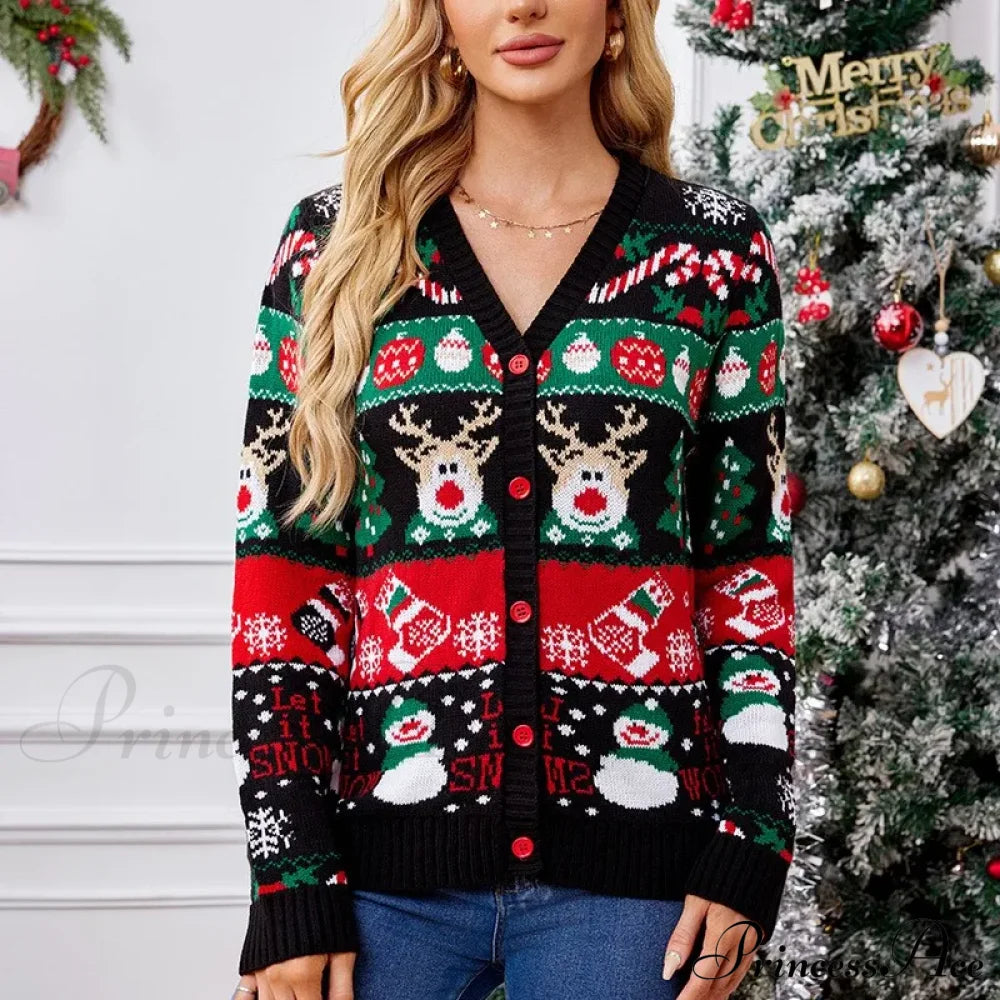 Cartoon Deer Snowman Christmas Cardigan Black / S Cardigan-241208