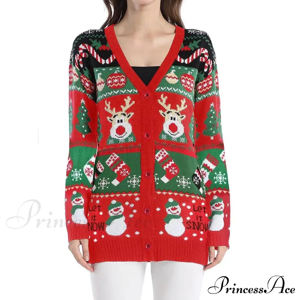 Cartoon Deer Snowman Christmas Cardigan Red / S Cardigan-241208