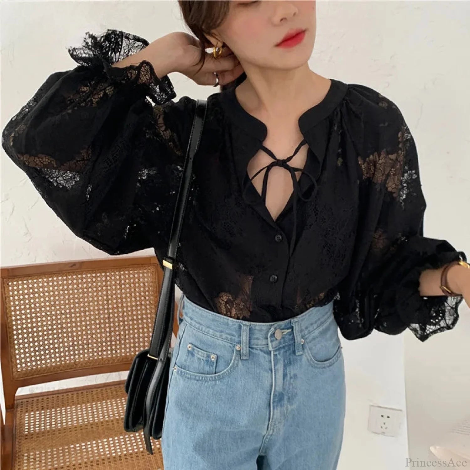 Carved Lantern Long Sleeve Lace Blouse Blusas Black / S blouse-250126
