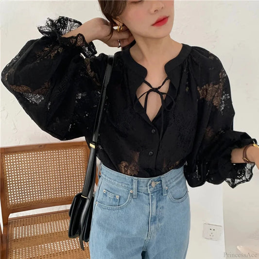 Carved Lantern Long Sleeve Lace Blouse Blusas Black / S blouse-250126