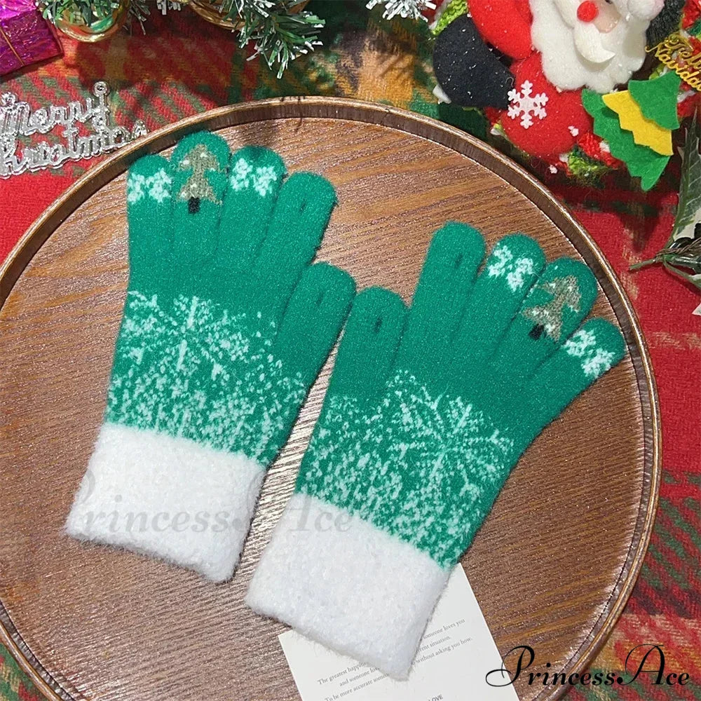 Cashmere Christmas Tree Knit Skiing Full Finger Plush Gloves Green / One Size Gloves-L