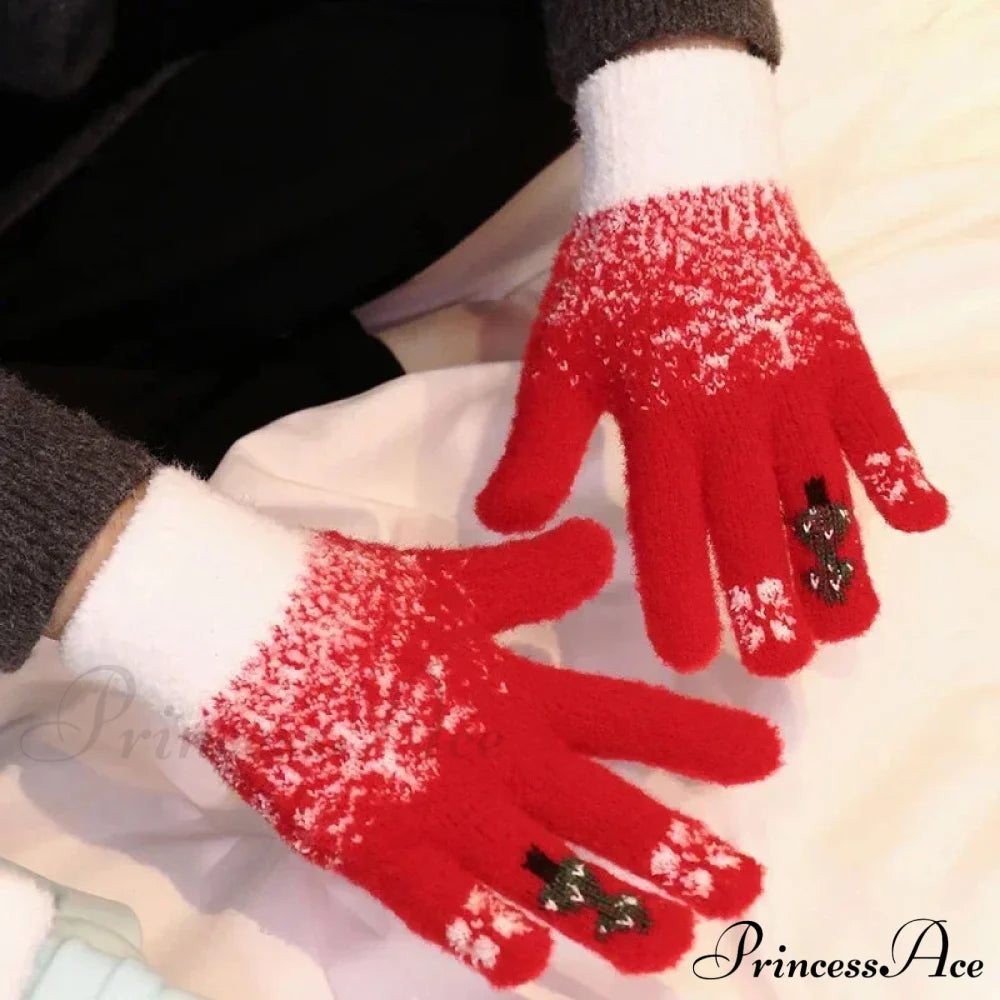 Cashmere Christmas Tree Knit Skiing Full Finger Plush Gloves Gloves-L