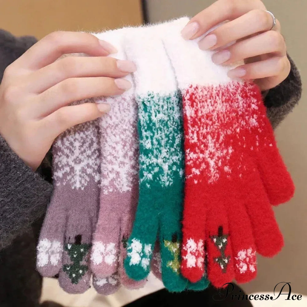 Cashmere Christmas Tree Knit Skiing Full Finger Plush Gloves Gloves-L