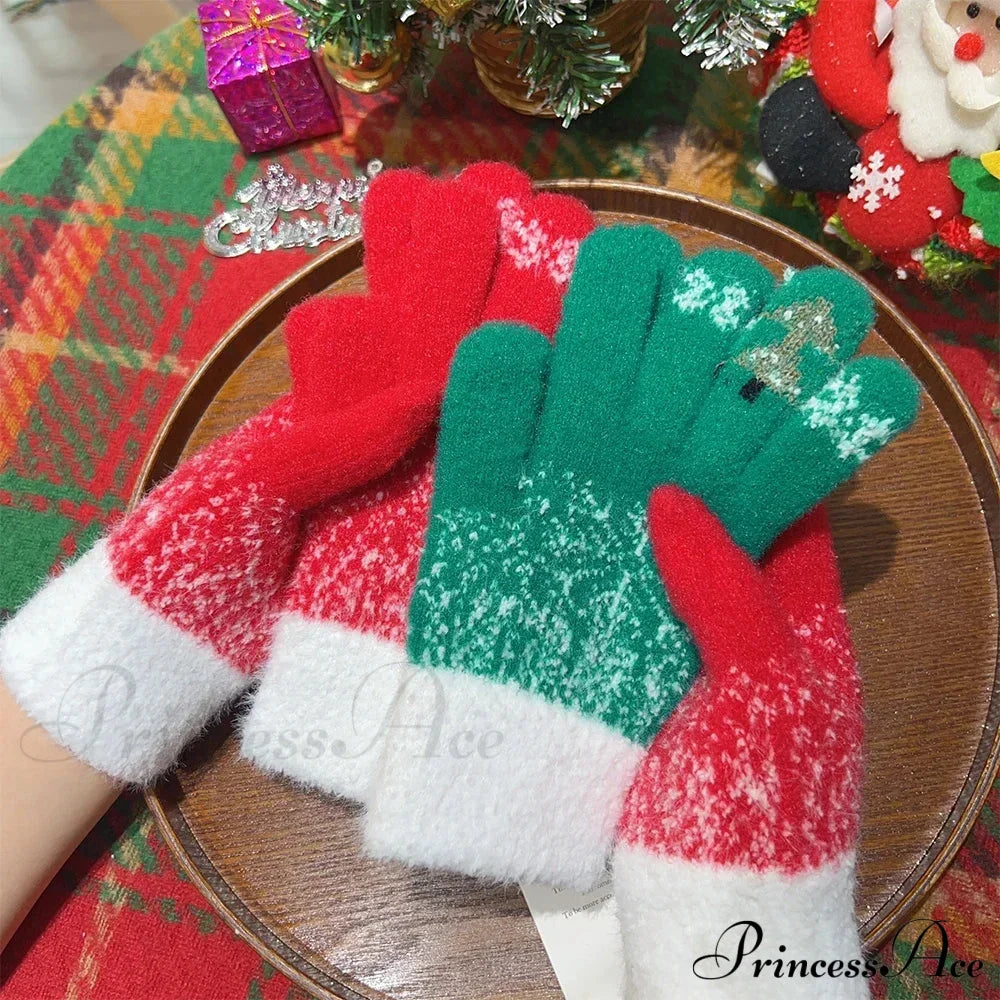 Cashmere Christmas Tree Knit Skiing Full Finger Plush Gloves Gloves-L