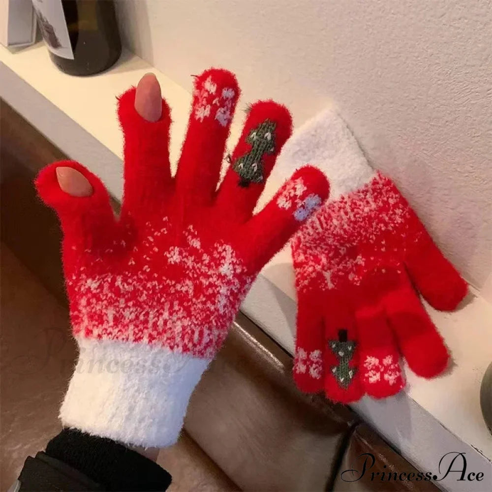 Cashmere Christmas Tree Knit Skiing Full Finger Plush Gloves Gloves-L