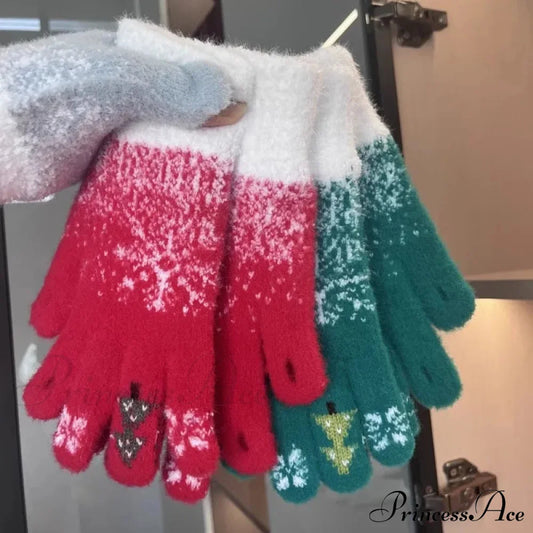 Cashmere Christmas Tree Knit Skiing Full Finger Plush Gloves Gloves-L