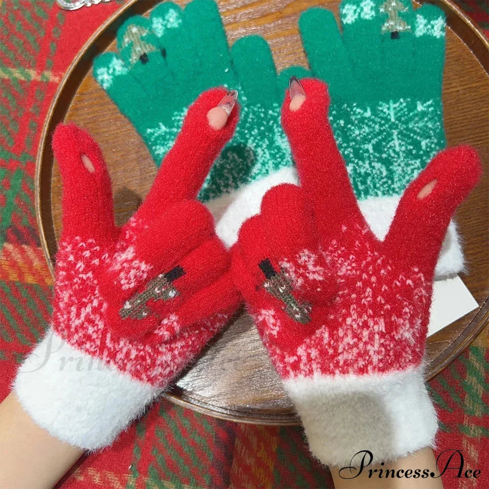 Cashmere Christmas Tree Knit Skiing Full Finger Plush Gloves Gloves-L