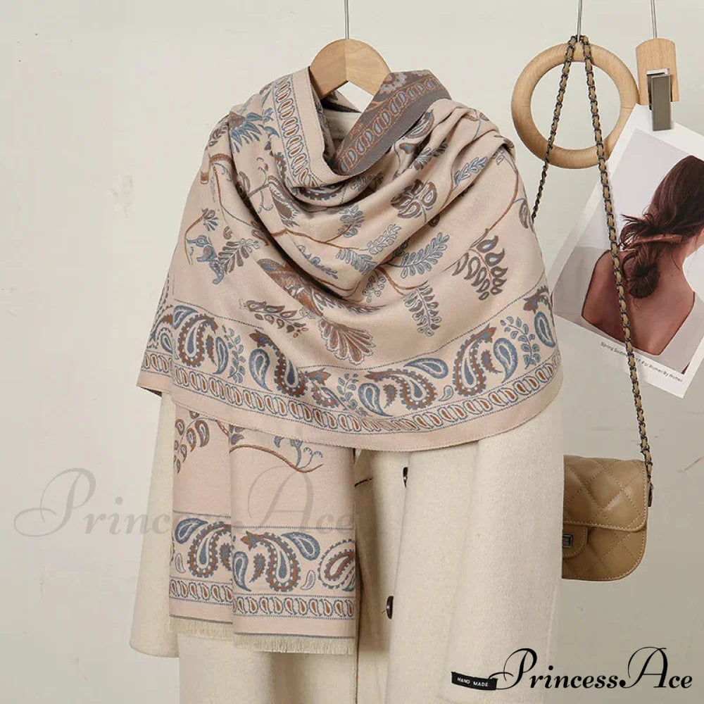 Cashmere Floral Print Winter Blanket Wrap Scarf Apricot Scarfs-L